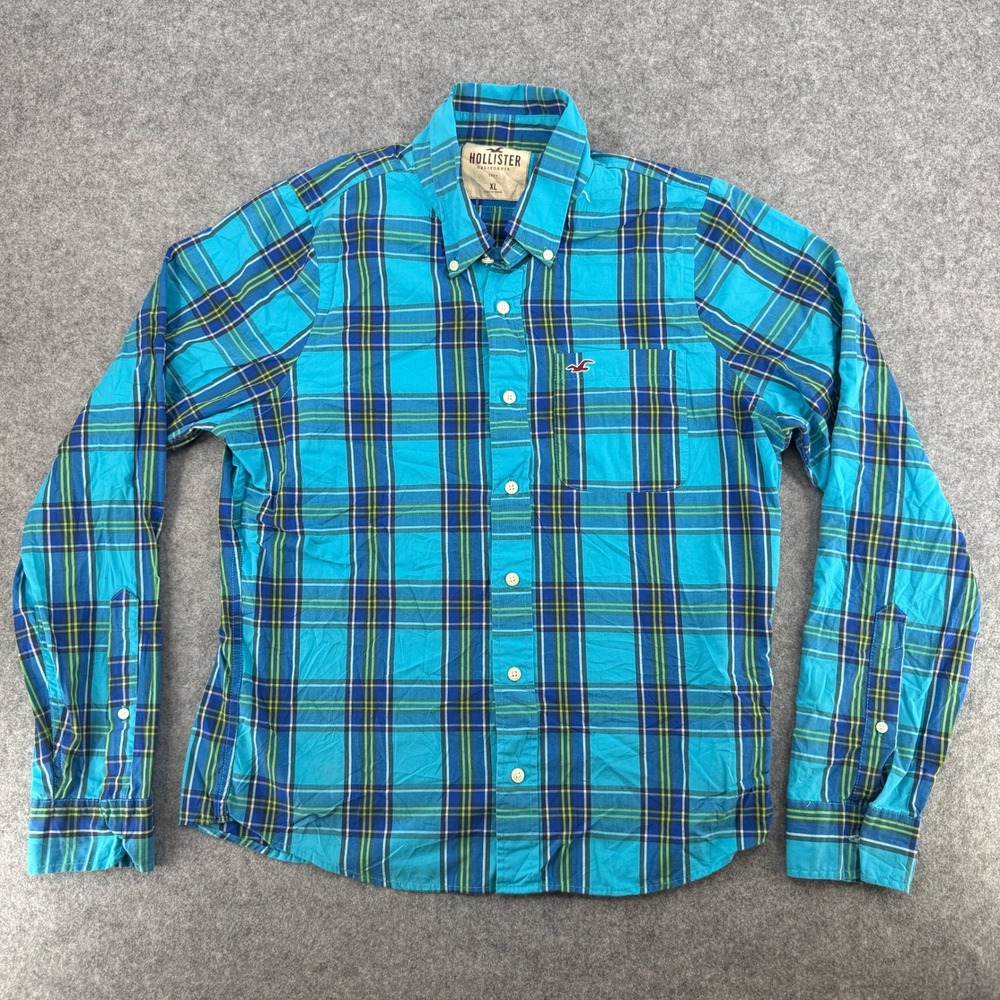 Y2K Hollister Shirt Mens XL Plaid Turquoise Blue Button Down Long Sleeve EUC